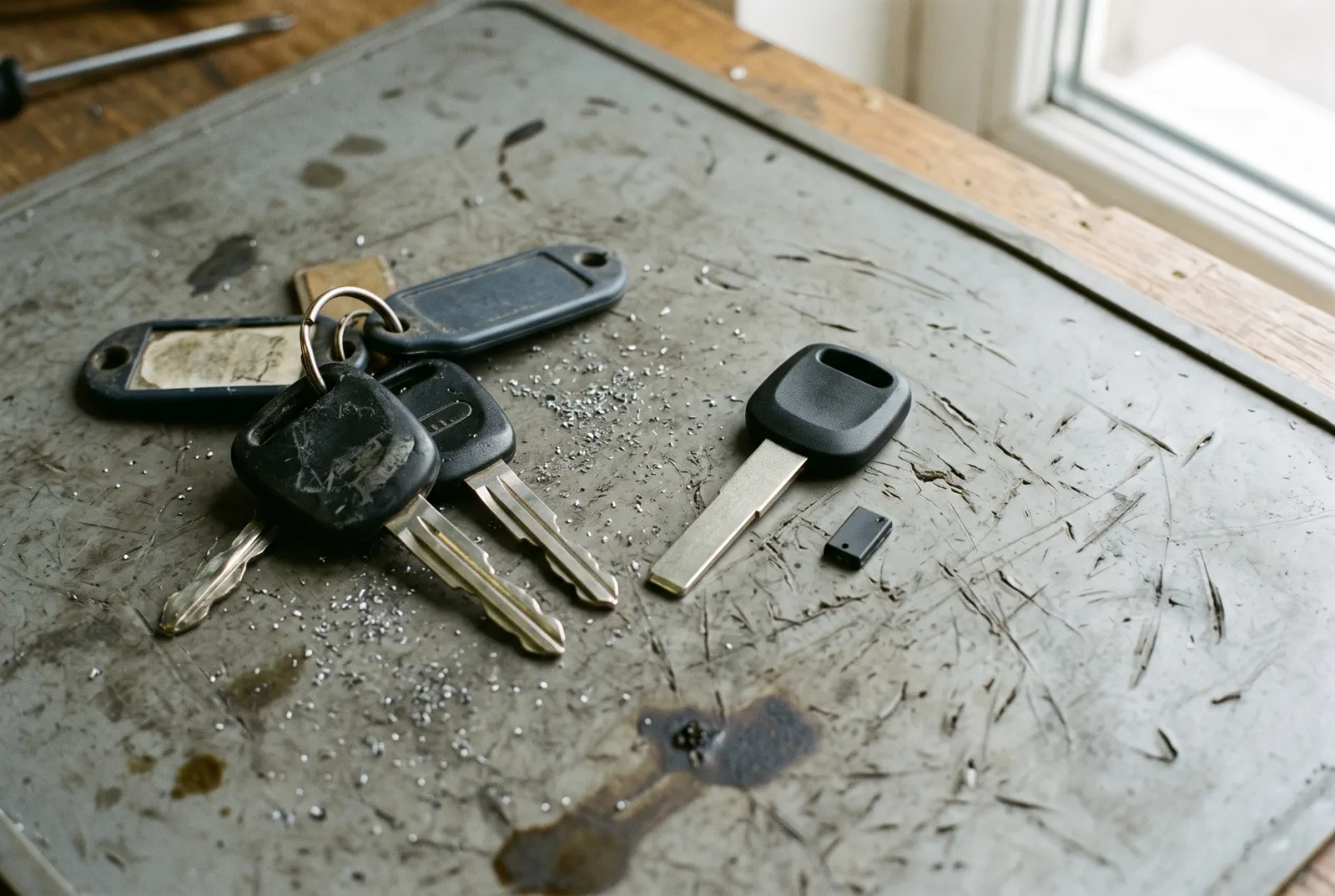 Car keys and an uncut transponder key blank on a scuffed bench mat