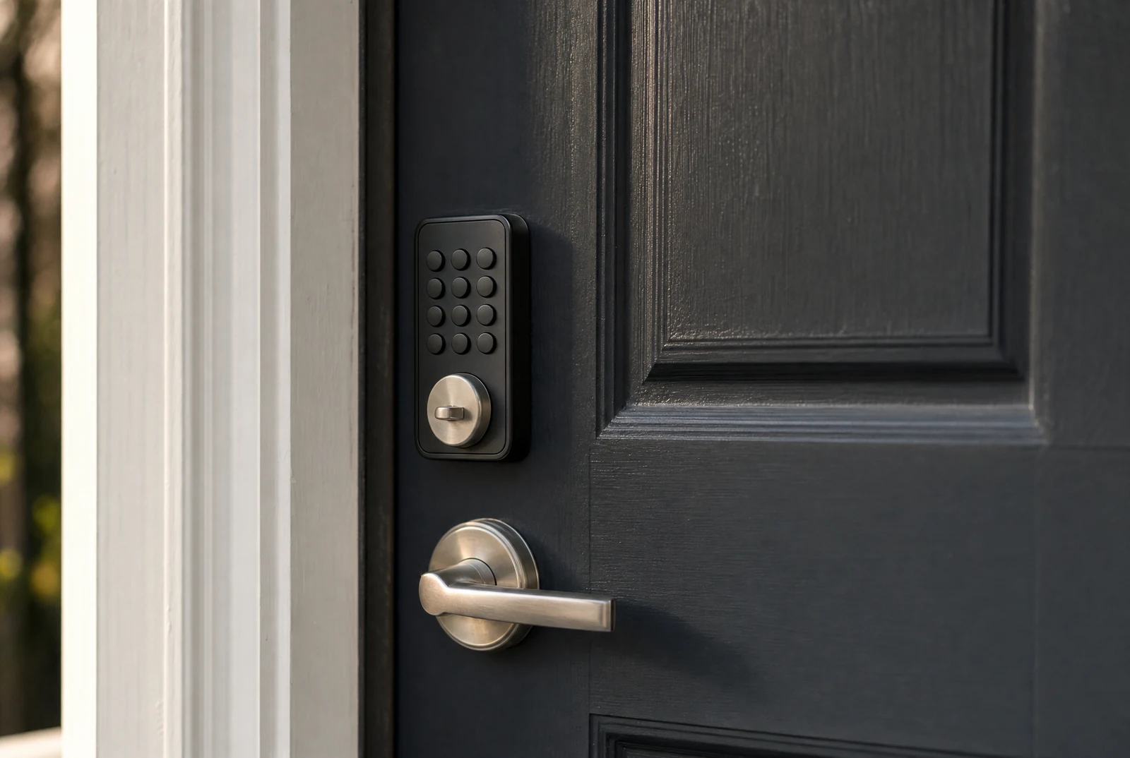 A compact electronic keypad deadbolt above a lever handle on a dark panelled front door