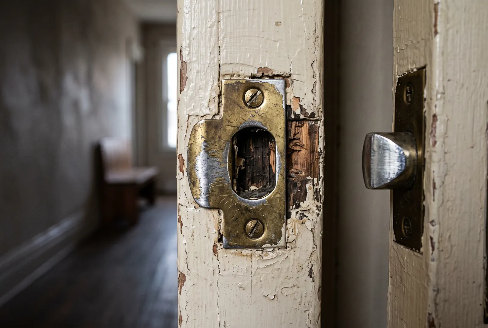 A scuffed strike plate and latch on an interior door frame