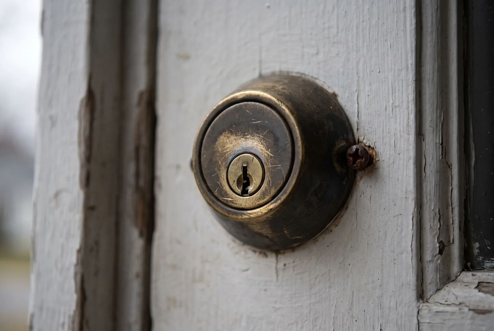 A worn brass deadbolt and scratched keyway on a painted house door