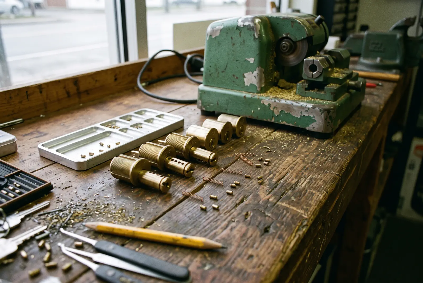 A locksmith workbench with lock cylinders, pins and a key cutting machine
